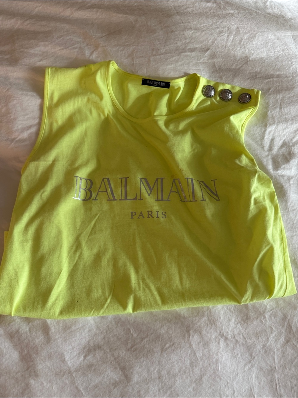 Balmain Neon Yellow Logo Tank with Decorative Shoulder Buttons